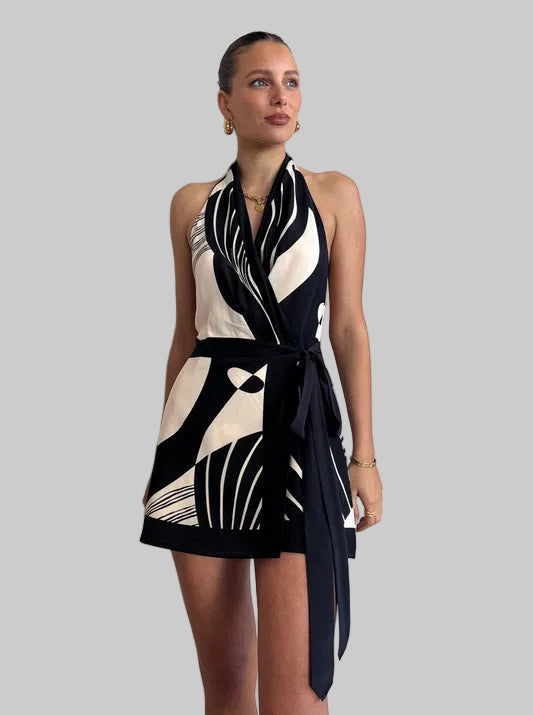 Damska Sukienka Mini z Wiązaniem Halter Dekoltem V i Paskiem ze Wzorem Abstrakcyjnym