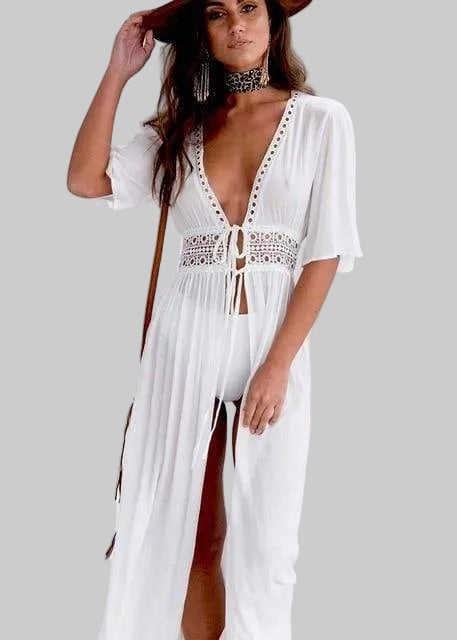 Damska Sukienka Plażowa Maxi z Głębokim Dekoltem V i Wiązaniem w Talii oraz Rękawami do Łokcia