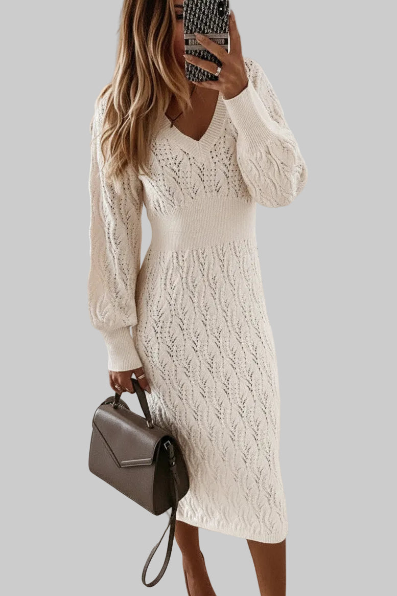 Damska Sukienka Swetrowa z Dekoltem V z Ażurowym Splotem Midi z Długimi Rękawami i Prążkowanymi Mankietami