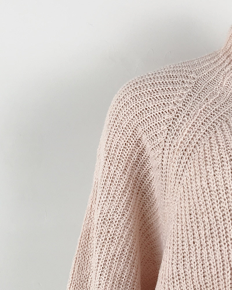 Damska Sukienka Swetrowa z Golfem z Prążkowanym Splotem Mini z Długimi Rękawami