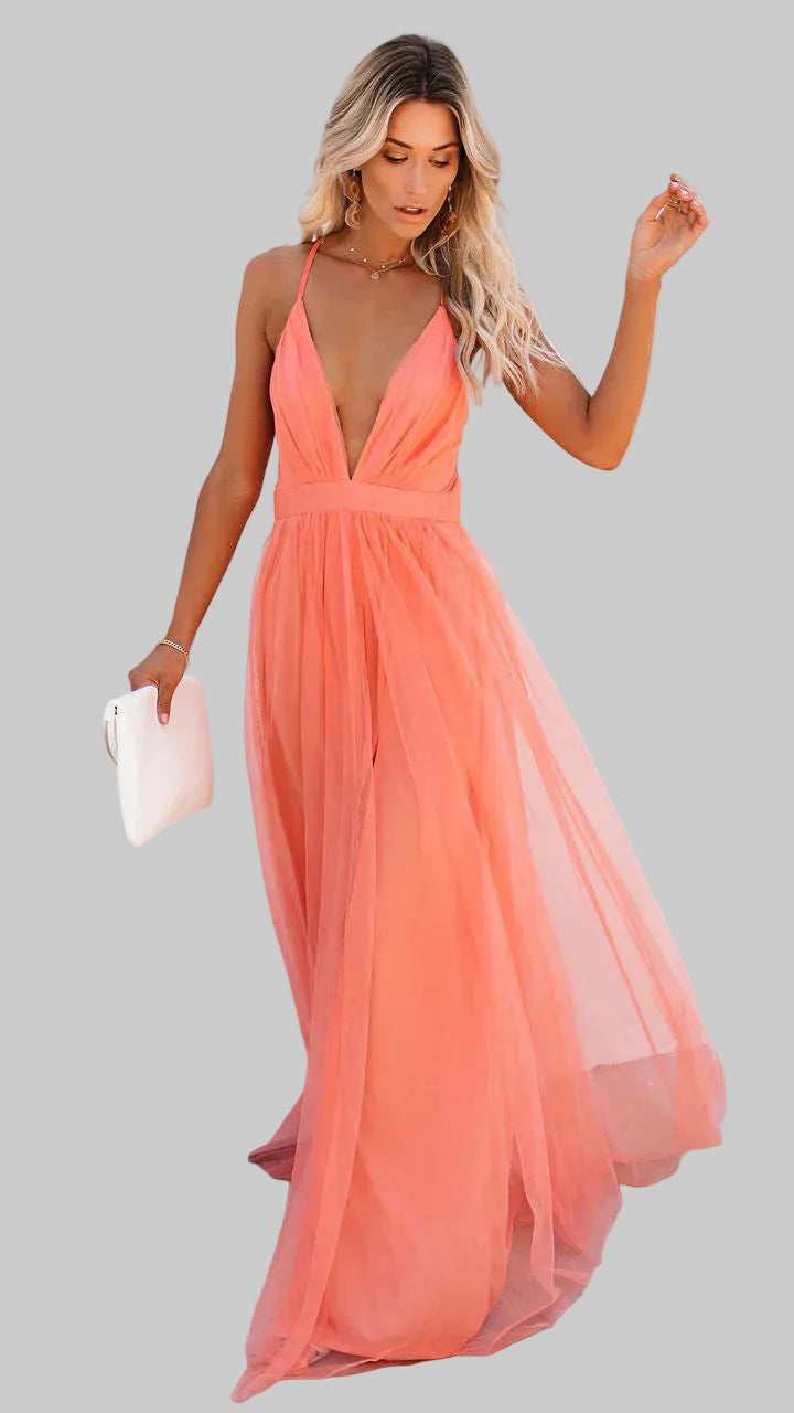 Damska Tiulowa Sukienka Maxi z Głębokim Dekoltem V i Odkrytymi Plecami