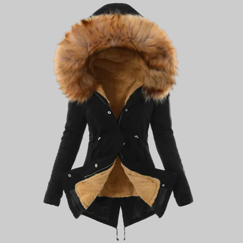 Damska Zimowa Kurtka z Futrzanym Kapturem i Ściągaczem w Talii