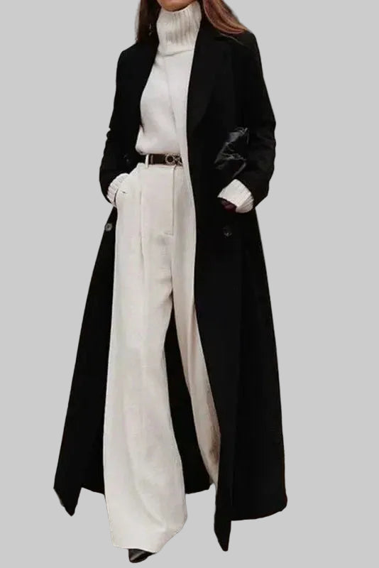 Damski Długi Płaszcz Dwurzędowy z Szerokimi Klapami i Kieszeniami Bocznymi