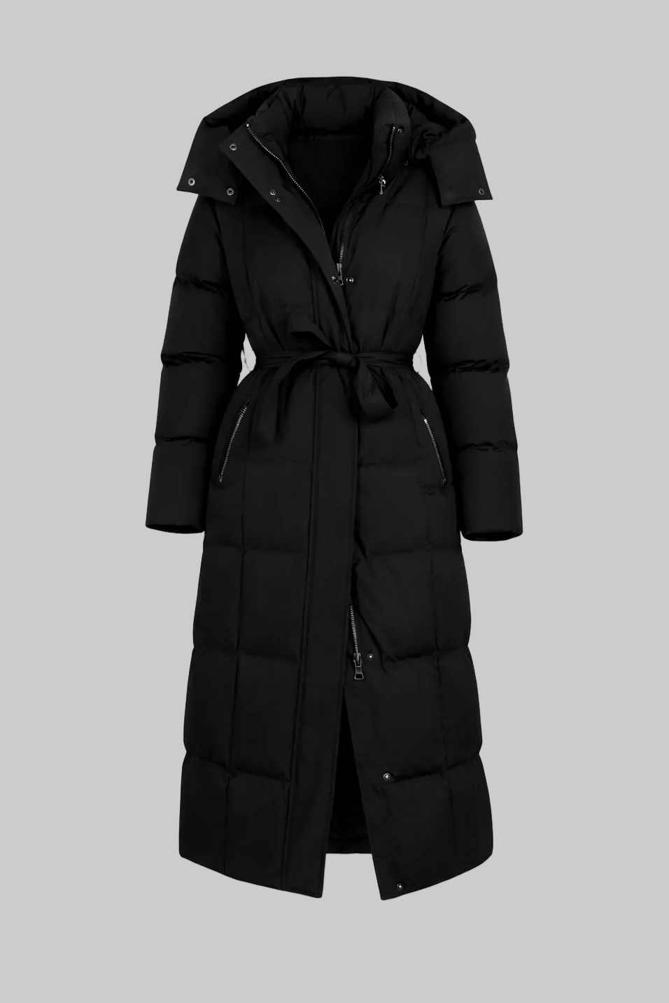 Damski Długi Płaszcz Puchowy z Kapturem Paskiem i Kieszeniami na Zamek