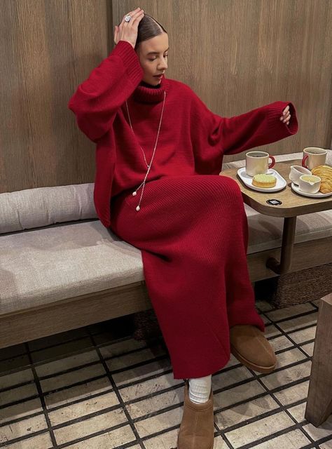 Damski Dwuczęściowy Komplet Dzianinowy z Golfem Długimi Rękawami i Spódnicą Maxi