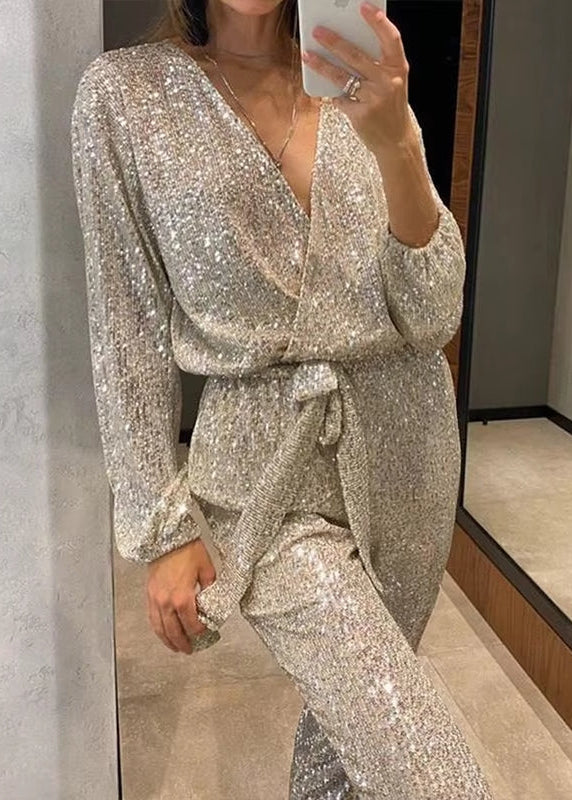 Damski Kombinezon z Cekinami z Długimi Rękawami Głębokim Dekoltem V i Wiązanym Paskiem