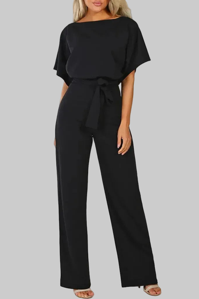 Damski Kombinezon z Szerokimi Krótkimi Rękawami oraz Okrągłym Dekoltem i Wiązanym Paskiem