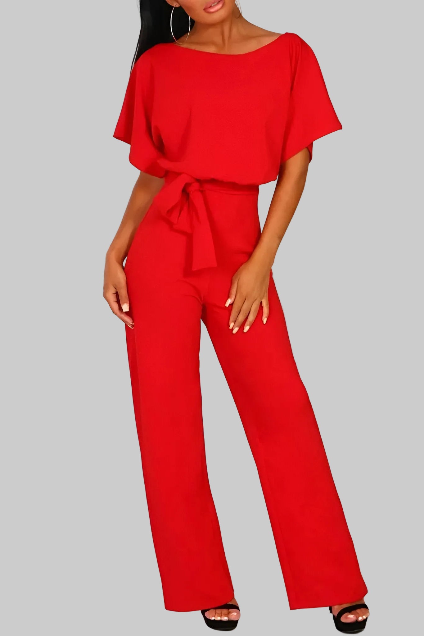 Damski Kombinezon z Szerokimi Krótkimi Rękawami oraz Okrągłym Dekoltem i Wiązanym Paskiem