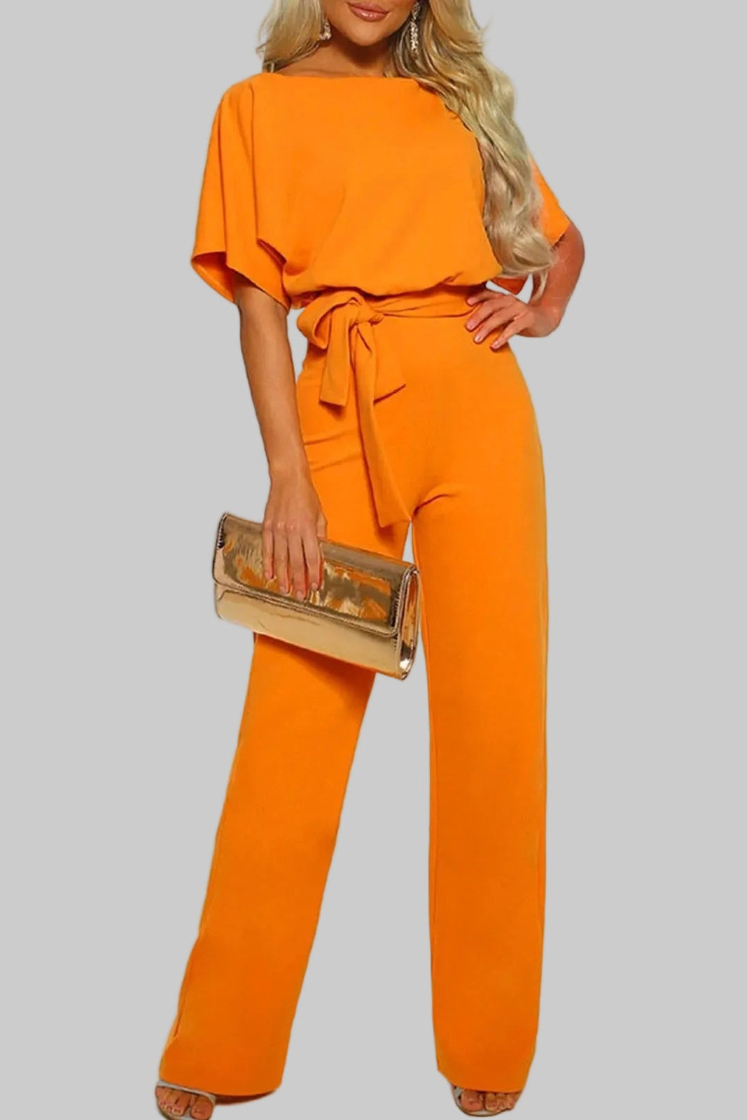 Damski Kombinezon z Szerokimi Krótkimi Rękawami oraz Okrągłym Dekoltem i Wiązanym Paskiem