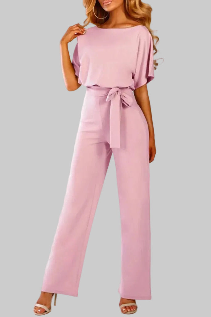 Damski Kombinezon z Szerokimi Krótkimi Rękawami oraz Okrągłym Dekoltem i Wiązanym Paskiem