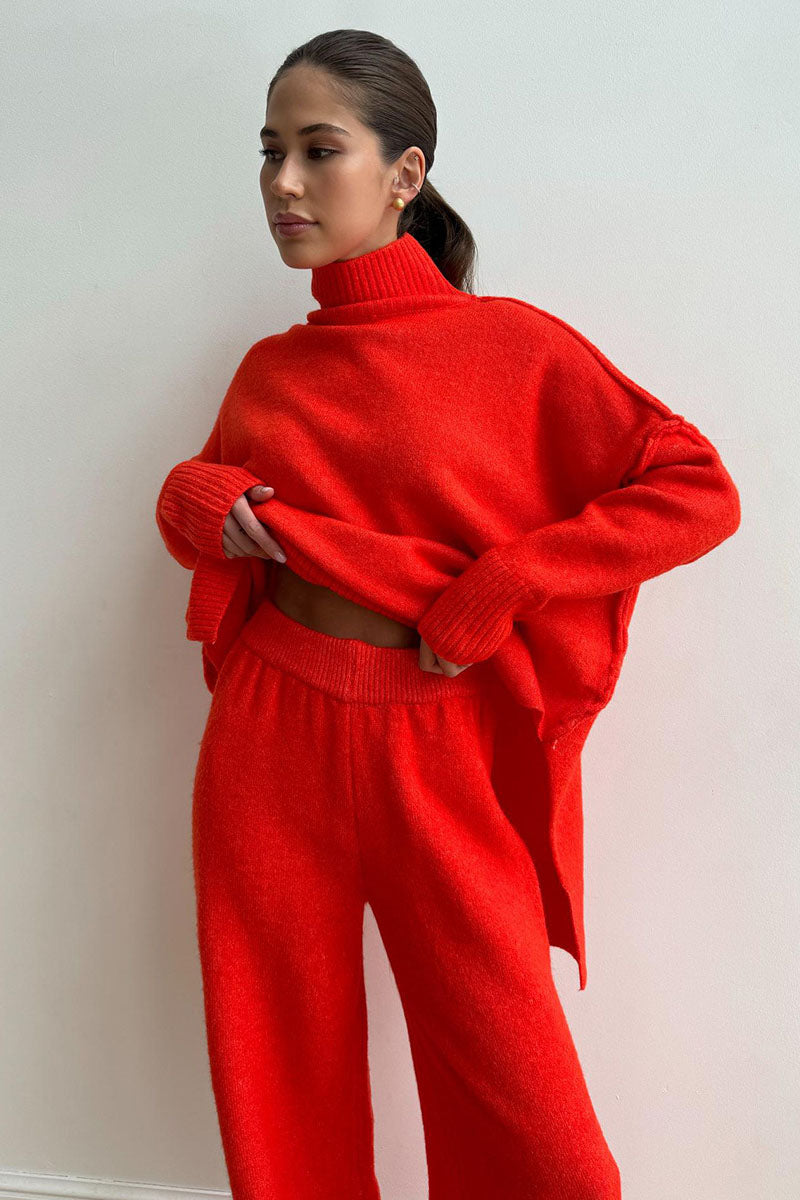 Damski Komplet Dwuczęściowy z Golfem i Szerokimi Nogawkami z Długimi Rękawami