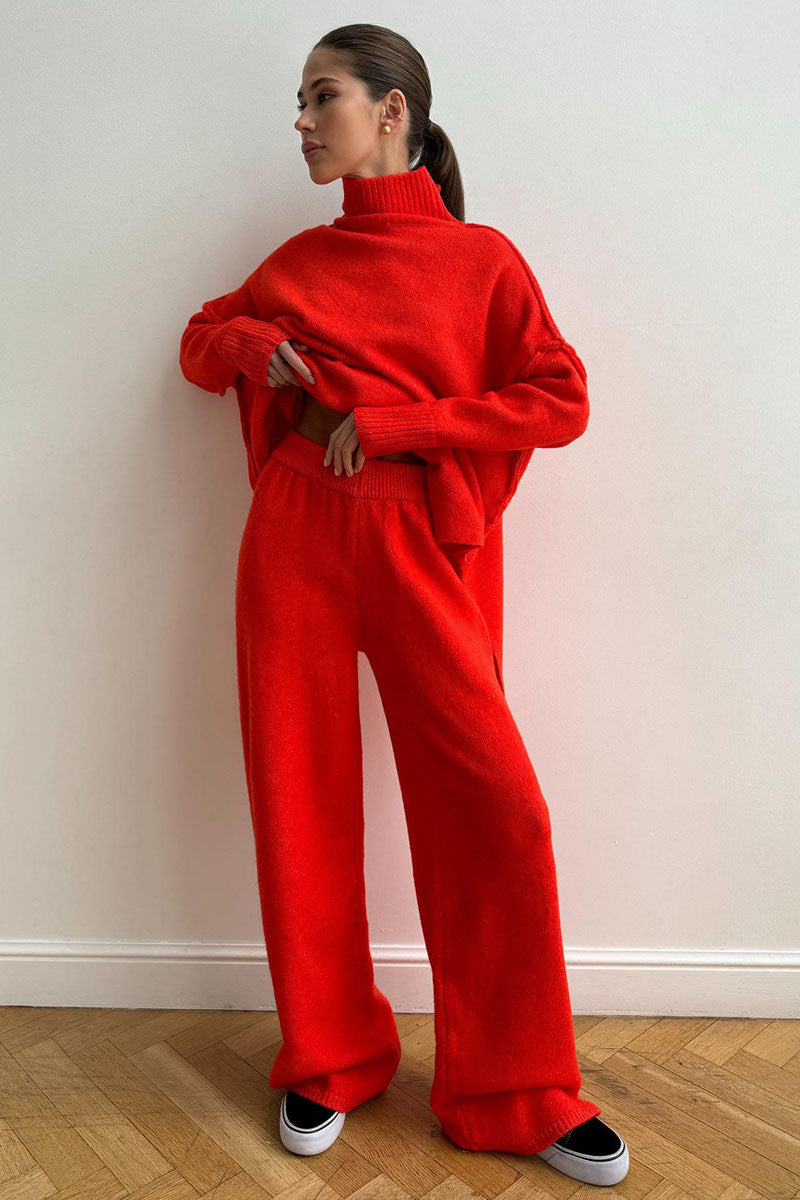 Damski Komplet Dwuczęściowy z Golfem i Szerokimi Nogawkami z Długimi Rękawami