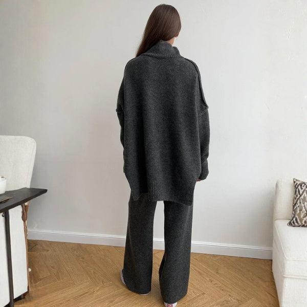 Damski Komplet Dwuczęściowy z Golfem i Szerokimi Nogawkami z Długimi Rękawami