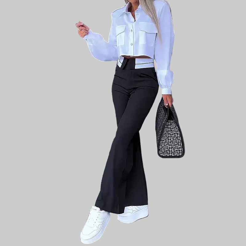 Damski Komplet Dwuczęściowy z Krótką Bluzką z Kołnierzykiem i Klapami oraz Spodniami z Szerokimi Nogawkami