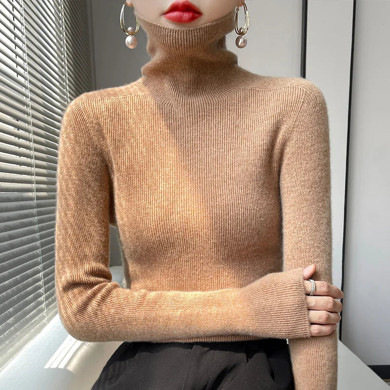 Damski Prążkowany Sweter z Wysokim Golfem i Długimi Rękawami