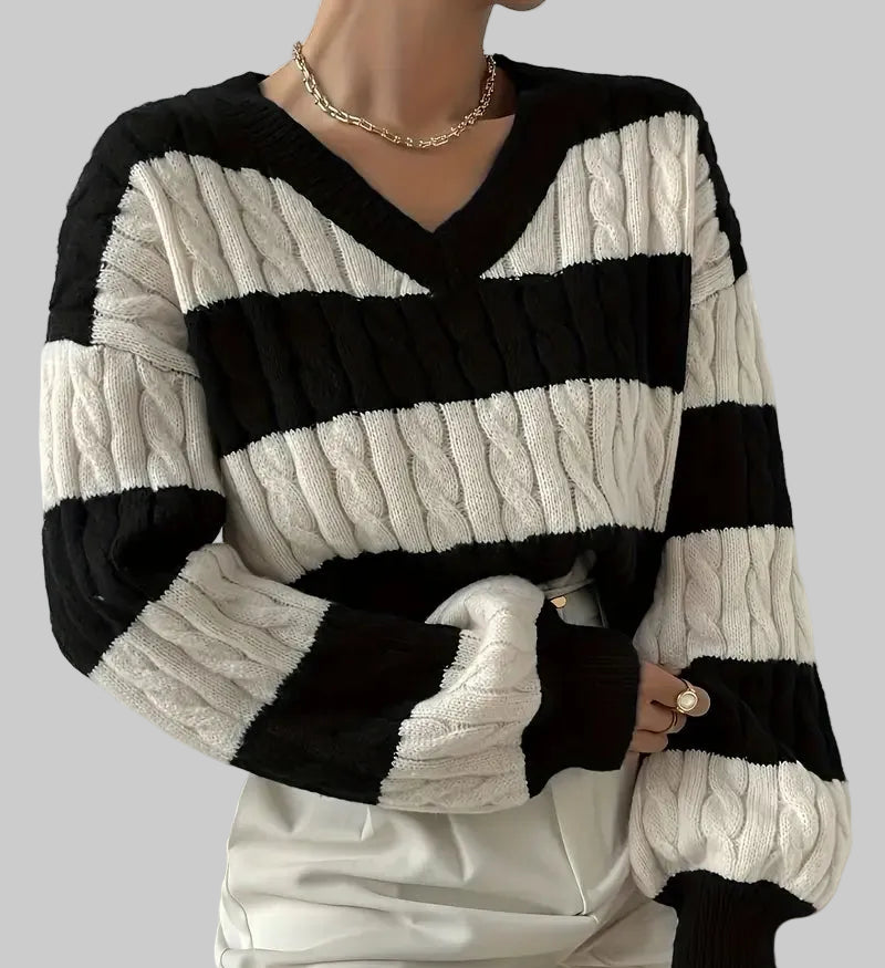 Damski Sweter z Dekoltem w Serek w Poziome Pasy ze Splotem Warkoczowym