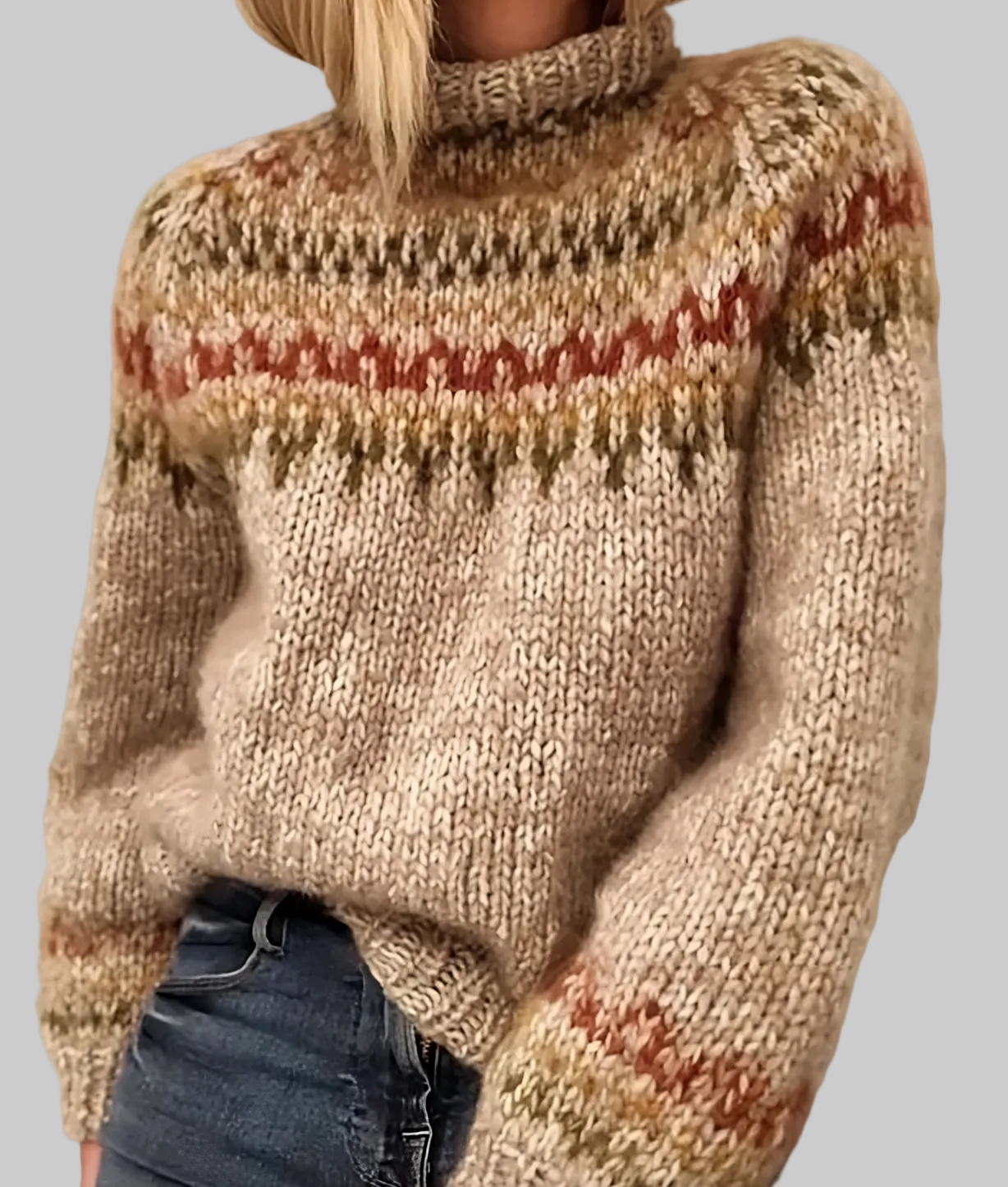 Damski Sweter z Golfem z Nordyckim Wzorem i Długimi Rękawami