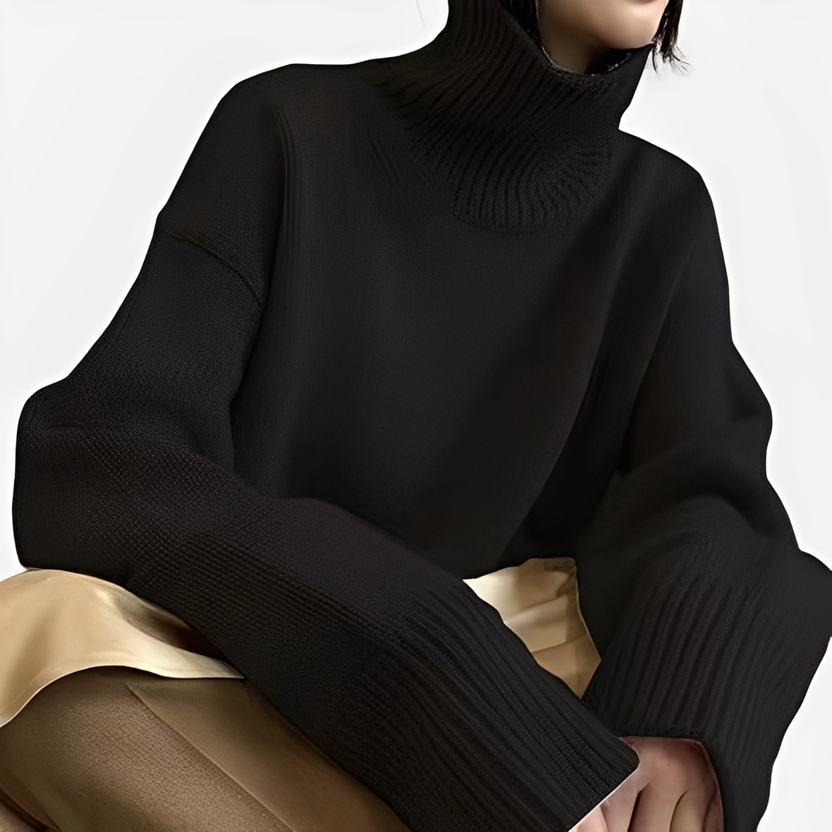 Damski Sweter z Golfem z Prążkowanymi Wykończeniami i Długimi Rękawami