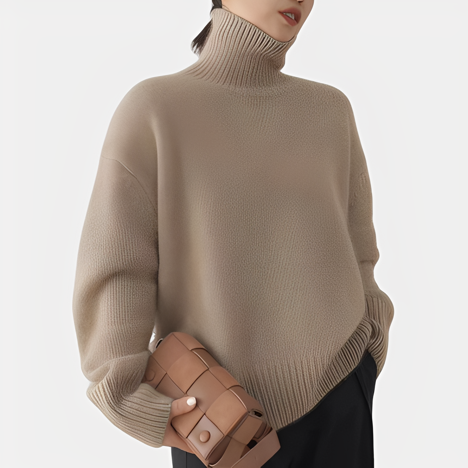 Damski Sweter z Golfem z Prążkowanymi Wykończeniami i Długimi Rękawami