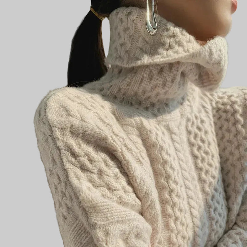 Damski Sweter z Golfem z Warkoczowym Splotem i Długimi Rękawami