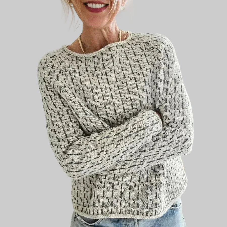 Damski Sweter z Okrągłym Dekoltem i Kontrastowym Wzorem w Dzianinie