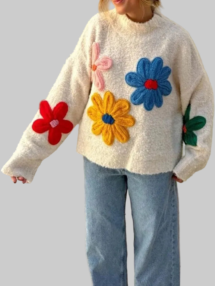 Damski Sweter z Okrągłym Dekoltem z Aplikacjami Kwiatowymi 3D i Długimi Rękawami