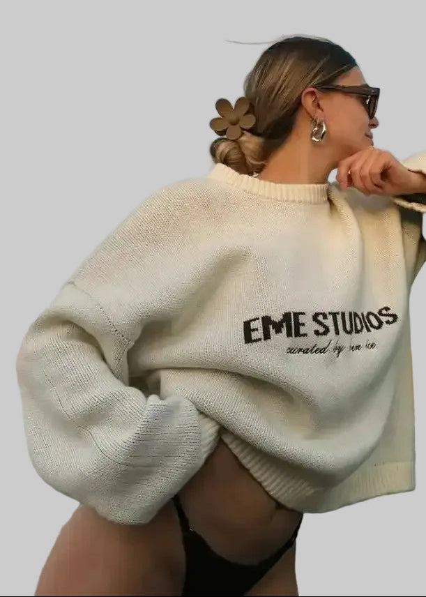 Damski Sweter z Okrągłym Dekoltem z Nadrukiem i Prążkowanymi Ściągaczami