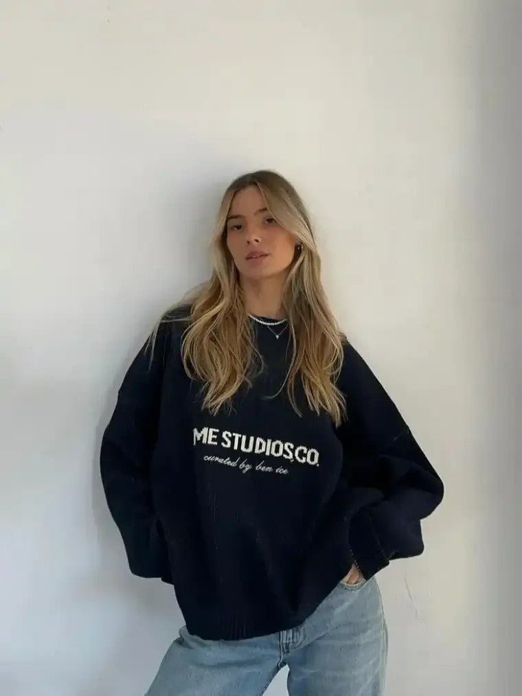 Damski Sweter z Okrągłym Dekoltem z Nadrukiem i Prążkowanymi Ściągaczami