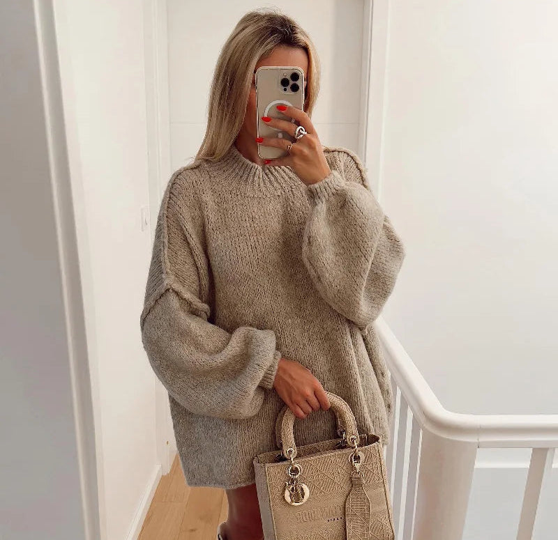 Damski Sweter z Półgolfem z Szerokimi Rękawami i Obniżonymi Ramionami