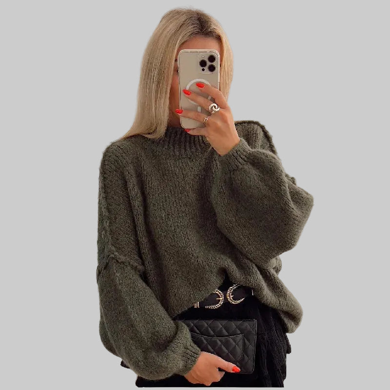 Damski Sweter z Półgolfem z Szerokimi Rękawami i Obniżonymi Ramionami