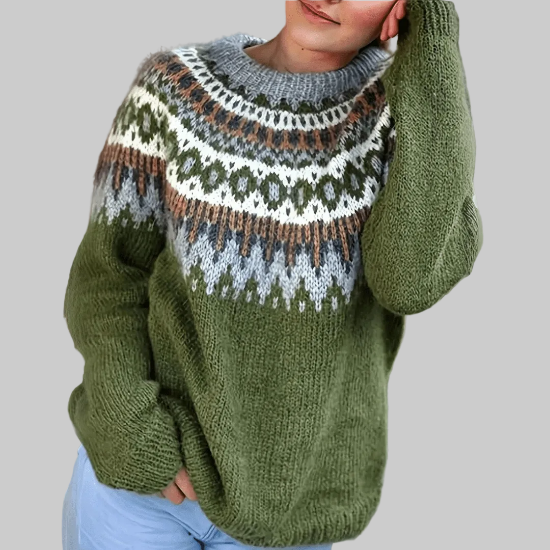 Damski Sweter z Wzorem Nordyckim z Okrągłym Dekoltem i Długimi Rękawami