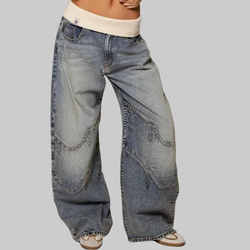 Damskie Jeansy z Bardzo Szerokimi Nogawkami i Zakrzywionymi Przeszyciami Panelowymi