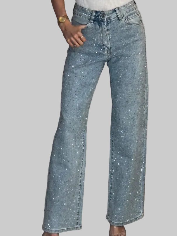 Damskie Jeansy z Wysokim Stanem z Prostymi Nogawkami z Cekinami na Całej Powierzchni