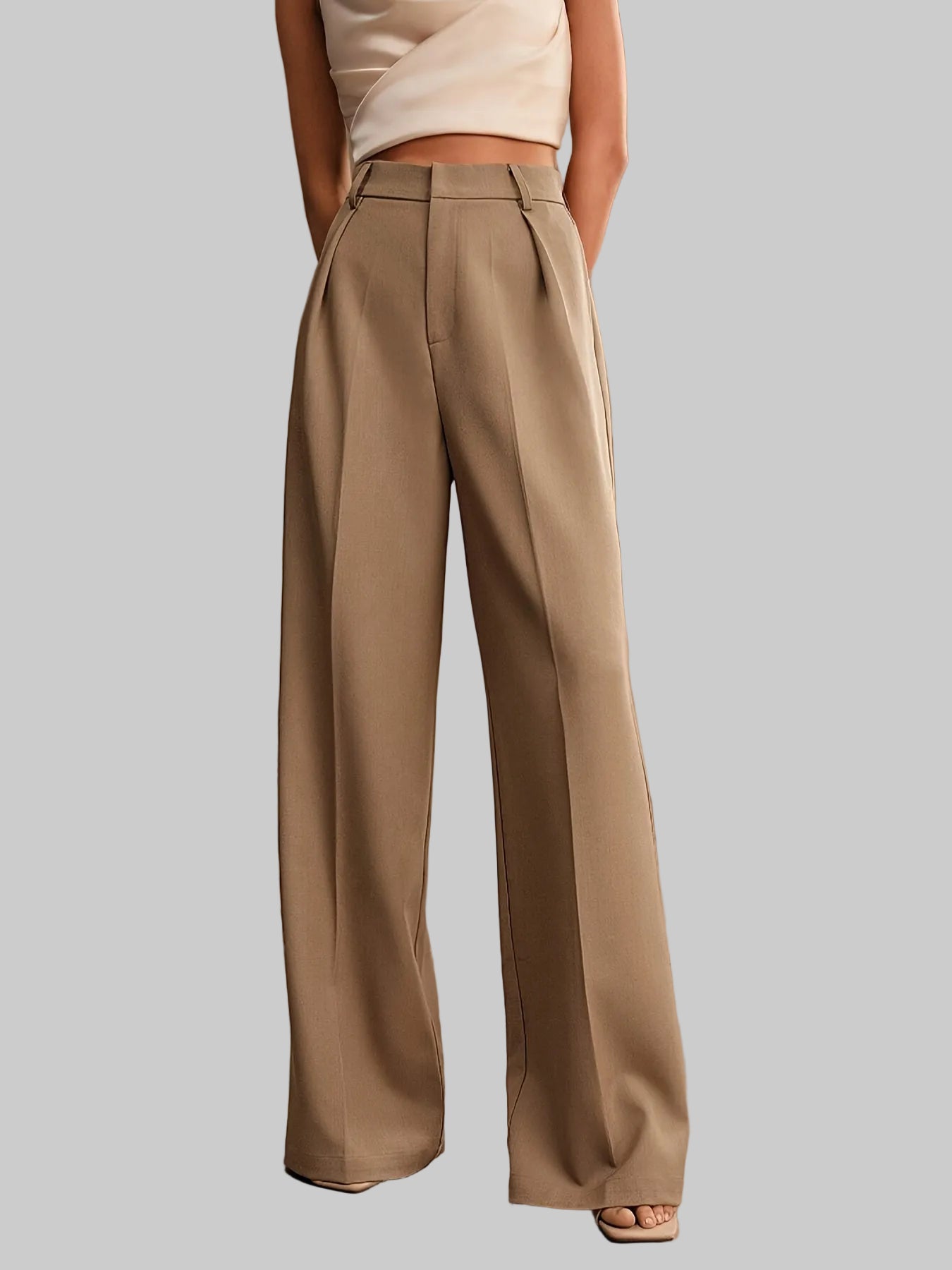 Damskie Spodnie z Wysokim Stanem z Szerokimi Nogawkami i Zaszewkami z Kantem