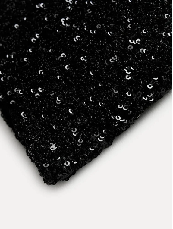 Damska Cekinowa Sukienka Mini ze Stójką i Poszerzonymi Ramionami