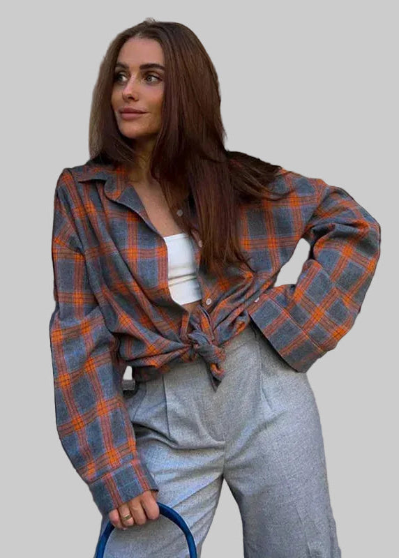Damska Koszula w Kratę z Kołnierzykiem z Zapięciem na Guziki i Kieszenią na Piersi