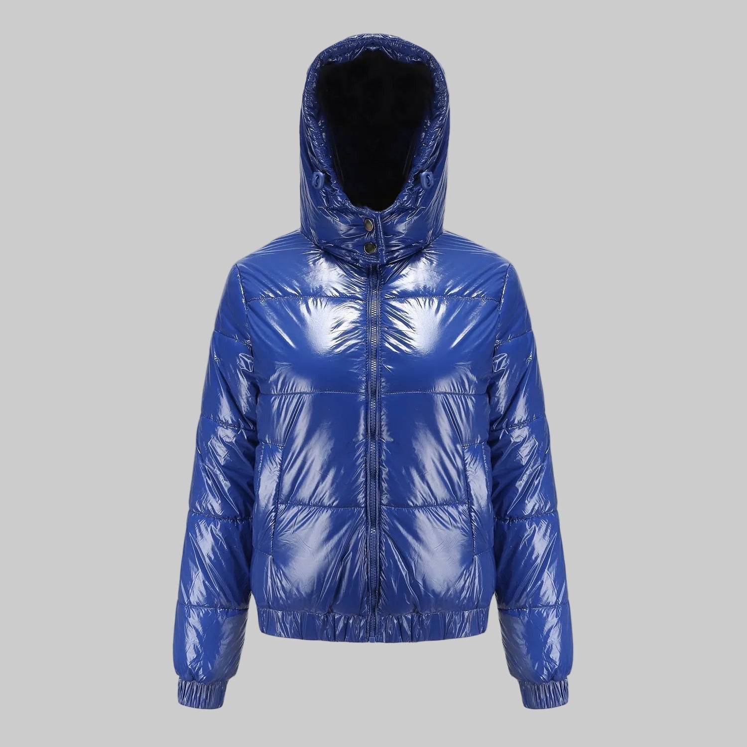 Damska Krótka Kurtka Puchowa z Kapturem i Błyszczącą Powierzchnią