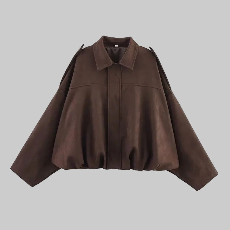 Damska Krótka Kurtka z Kołnierzem i Długimi Rękawami z Ukrytym Zapięciem