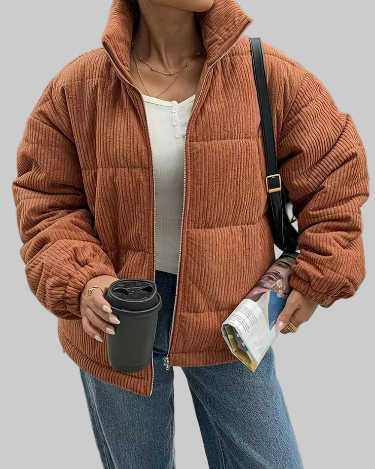 Damska Kurtka Pikowana Sztruksowa ze Stójką i Zamkiem Błyskawicznym z Długimi Rękawami