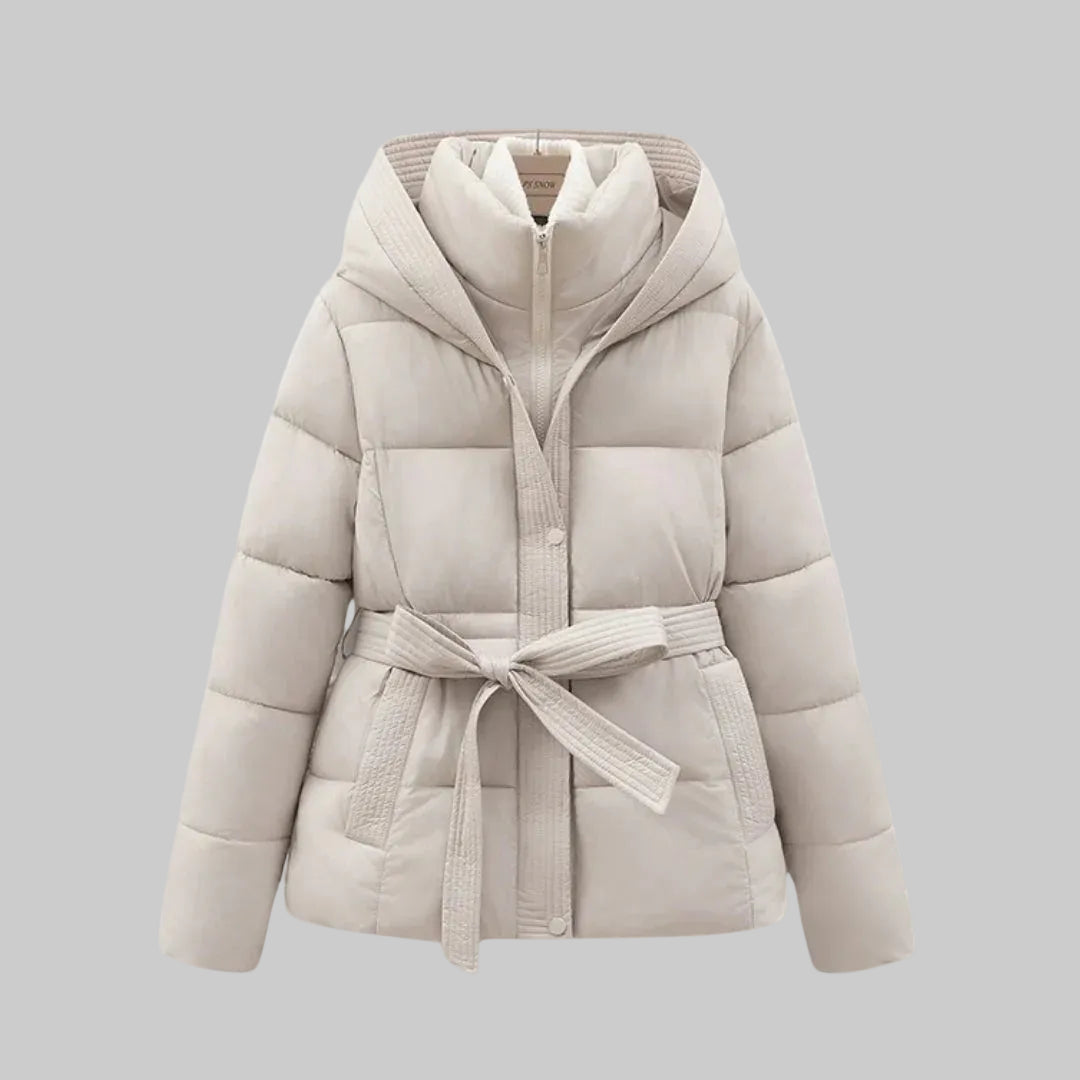 Damska Kurtka Puchowa z Kapturem Paskiem w Talii i Wysokim Kołnierzem