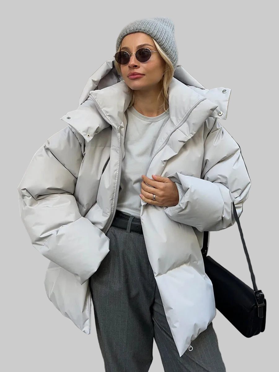 Damska Kurtka Puchowa Zimowa z Kapturem Wysokim Kołnierzem i Zamkiem Błyskawicznym