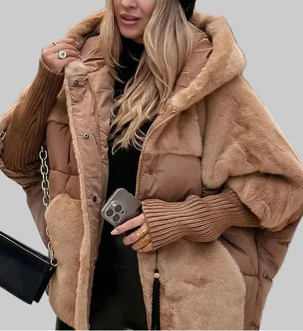 Damska Kurtka Zimowa z Kapturem z Pluszowymi Panelami i Rękawami Dzianinowymi