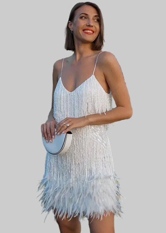 Damska Mini Sukienka na Ramiączkach z Dekoltem V z Frędzlami i Piórami
