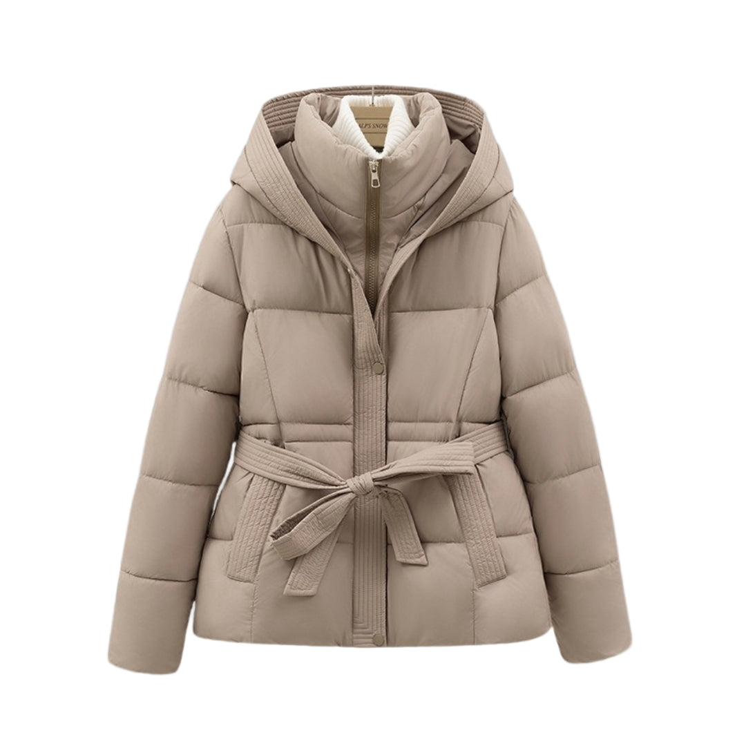 Damska Pikowana Kurtka z Kapturem z Paskiem w Talii i Podwójnym Zapięciem