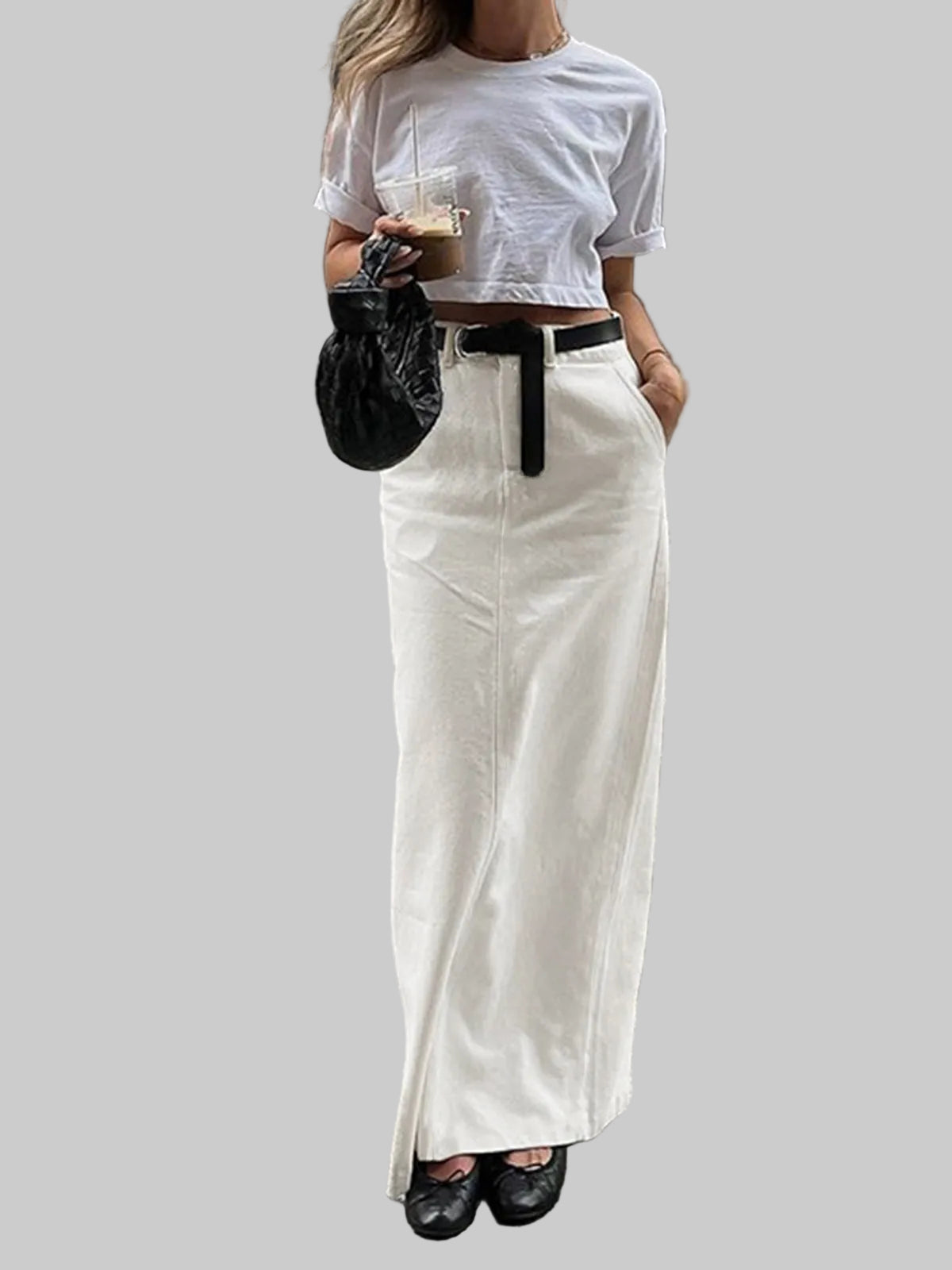 Damska Spódnica Maxi z Rozcięciem z Tyłu i Kieszeniami