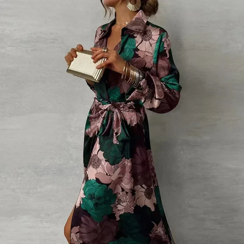 Damska Sukienka Koszulowa Maxi w Kwiaty z Kołnierzykiem i Paskiem