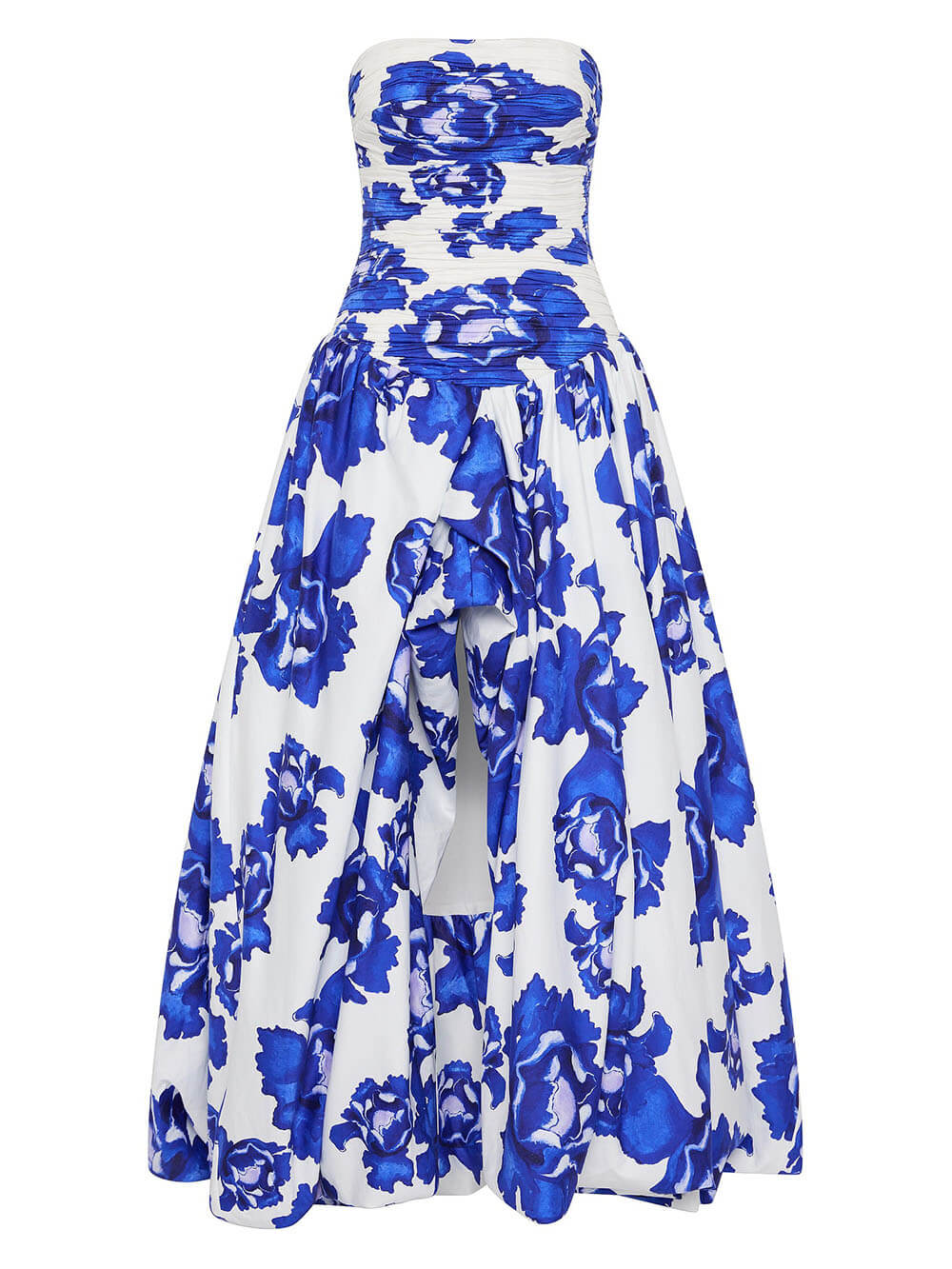 Damska Sukienka Maxi bez Ramiączek z Niebieskim Wzorem Kwiatowym i Rozcięciem