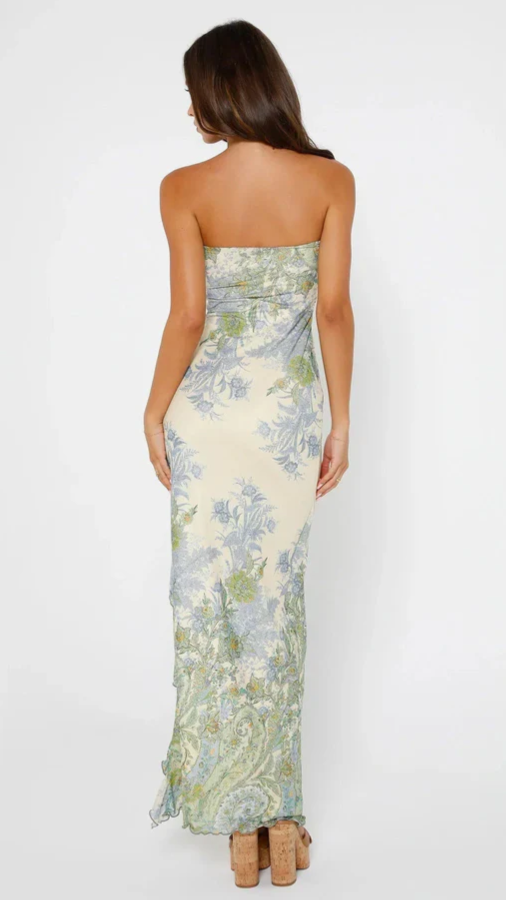 Damska Sukienka Maxi Bez Ramiączek z Kwiatowym Wzorem i Falbaną