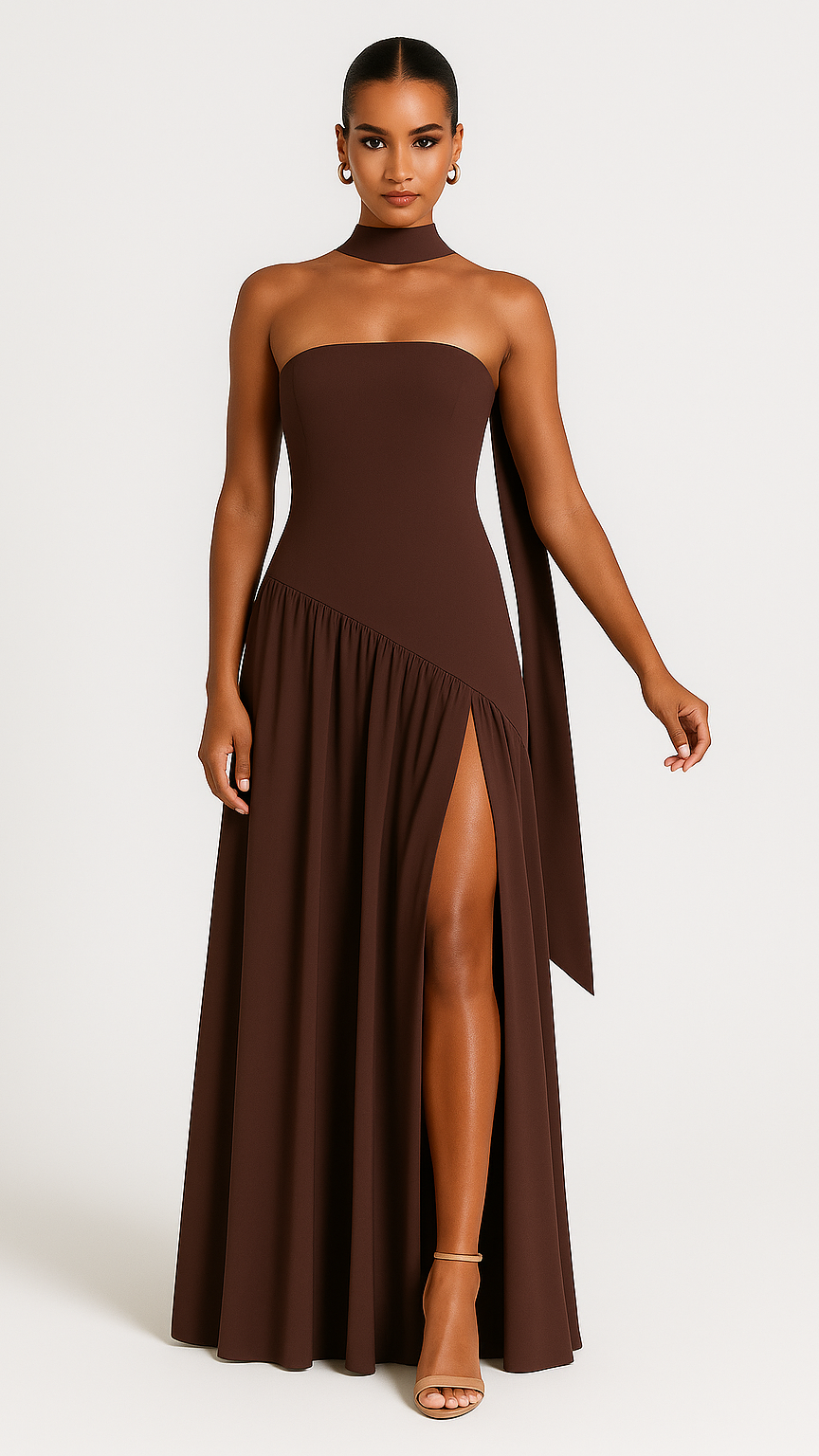 Damska Sukienka Maxi Bez Ramiączek z Wysokim Rozcięciem i Szarfą na Szyję