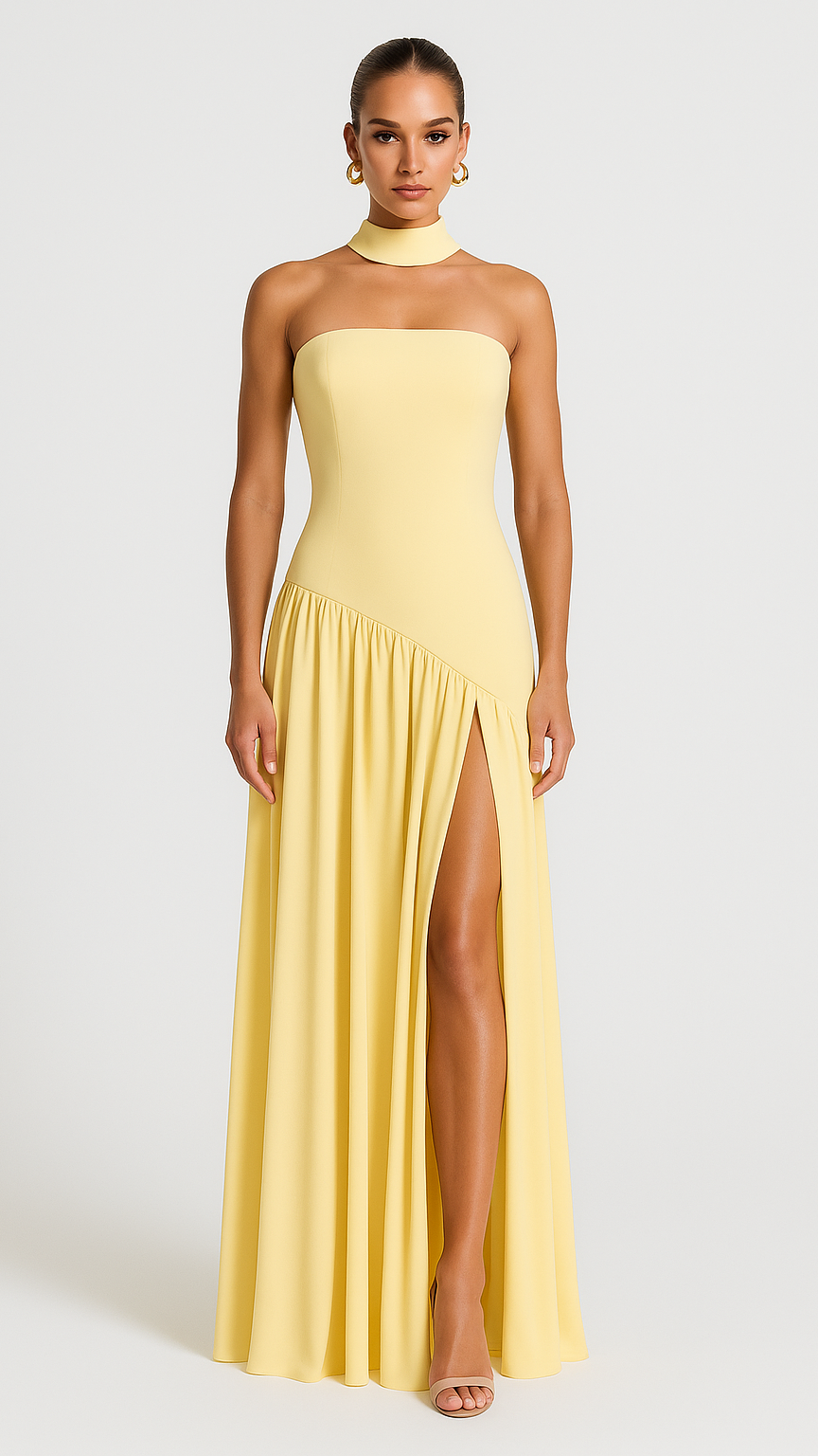 Damska Sukienka Maxi Bez Ramiączek z Wysokim Rozcięciem i Szarfą na Szyję